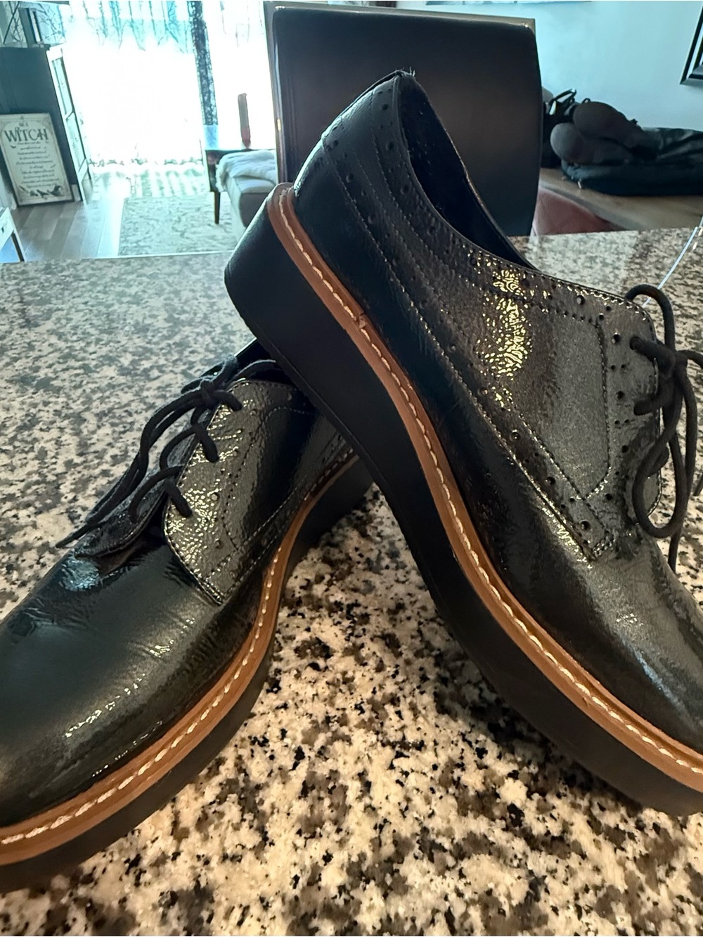 Marks & Spencer Black Patent Derby Shoes with Tan Stitch Detail